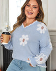 Plus Size Floral Scallop V-Neck Sweater