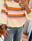 Stripe Puff Sleeve Pullover Sweatshirt