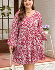 Plus Size Floral Balloon Sleeve V-Neck Mini Dress