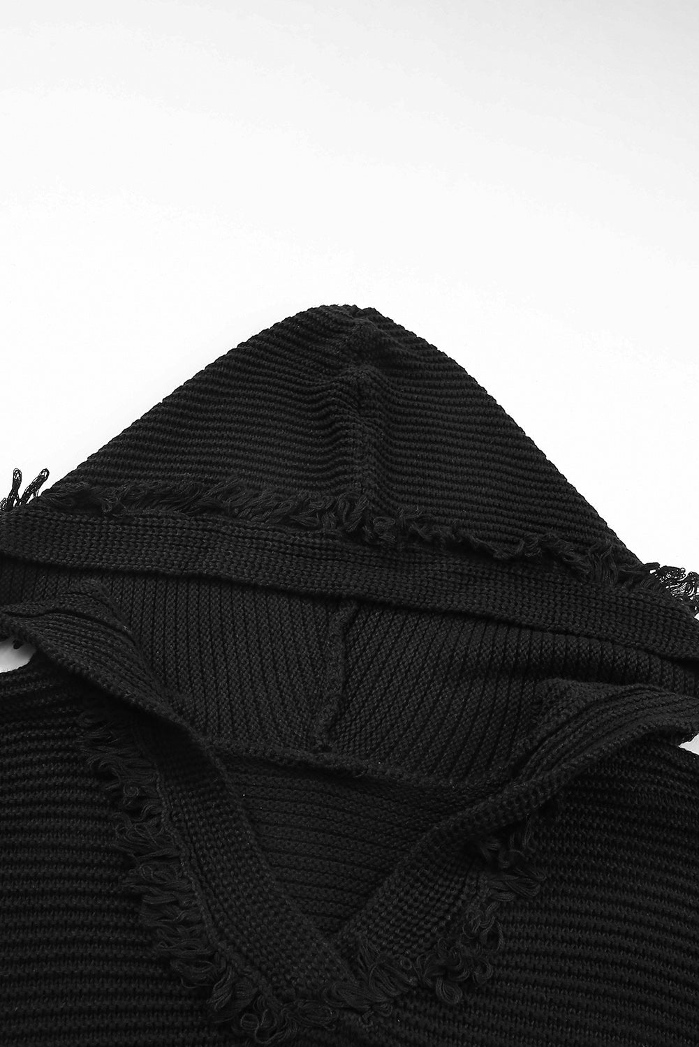 Solid Ribbed Drop Shoulder Hooded V-Neck Sweater