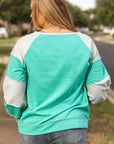 Aruba Blue Colorblock Patchwork Cross Seam Plus Sweatshirt