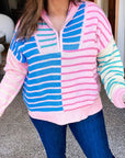 Plus Size Stripe Colorblock Half Zip Sweater