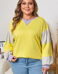 Yellow Striped Color Block Patchwork Crewneck Plus Size Pullover Sweatshirt