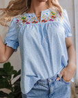 Floral Embroidered Puff Sleeve Blouse