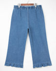 Plus Size Denim Elastic Waist Ruffle Wide Leg Pants