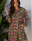 Floral Split Neck Bubble Sleeve Shift Mini Dress
