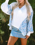 Floral Patchwork Batwing Sleeve V-Neck Blouse