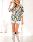 Floral Patchwork Long Sleeve Collared V-Neck Blouse