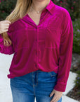 Plus Size Velvet Button-Up Pocketed Drop Shoulder Shirt