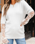 Lace Patchwork Sleeve Faux Two-Piece Fuzzy Sweater