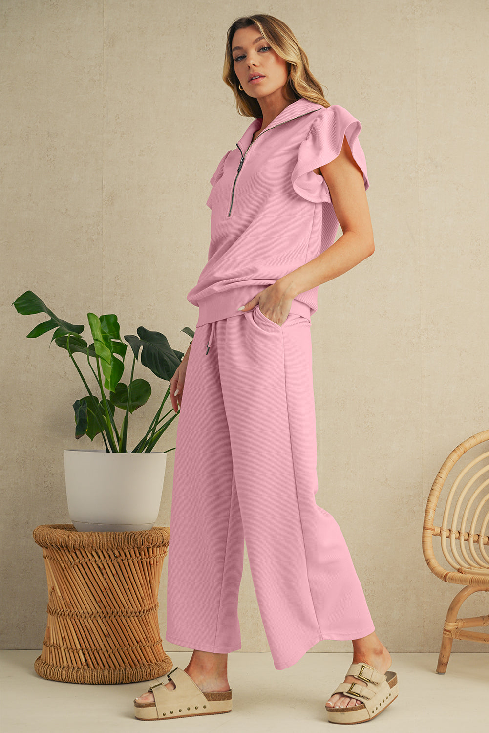 Textured Ruffle Sleeve Zipped Top and Wide Leg Pants Set