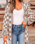 Checker Open Front Drop Shoulder Cardigan