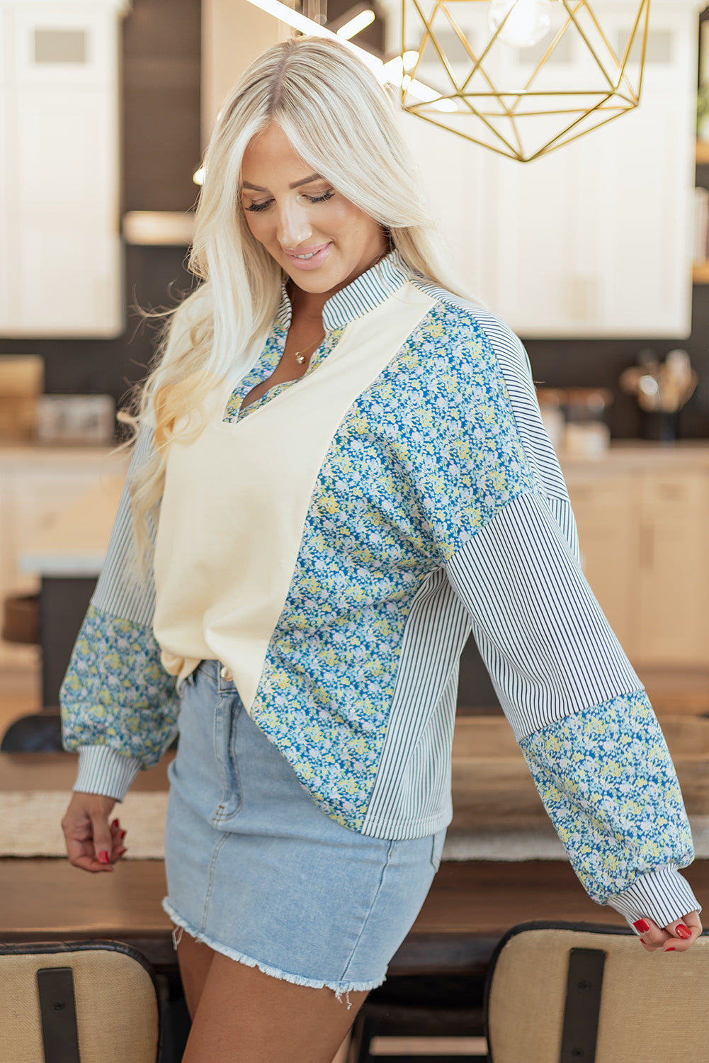 Floral Stripe Collared V-Neck Drop Sleeve Sweatshirt