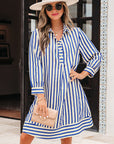 Stripe Buttoned Collar Side Pockets Mini Dress