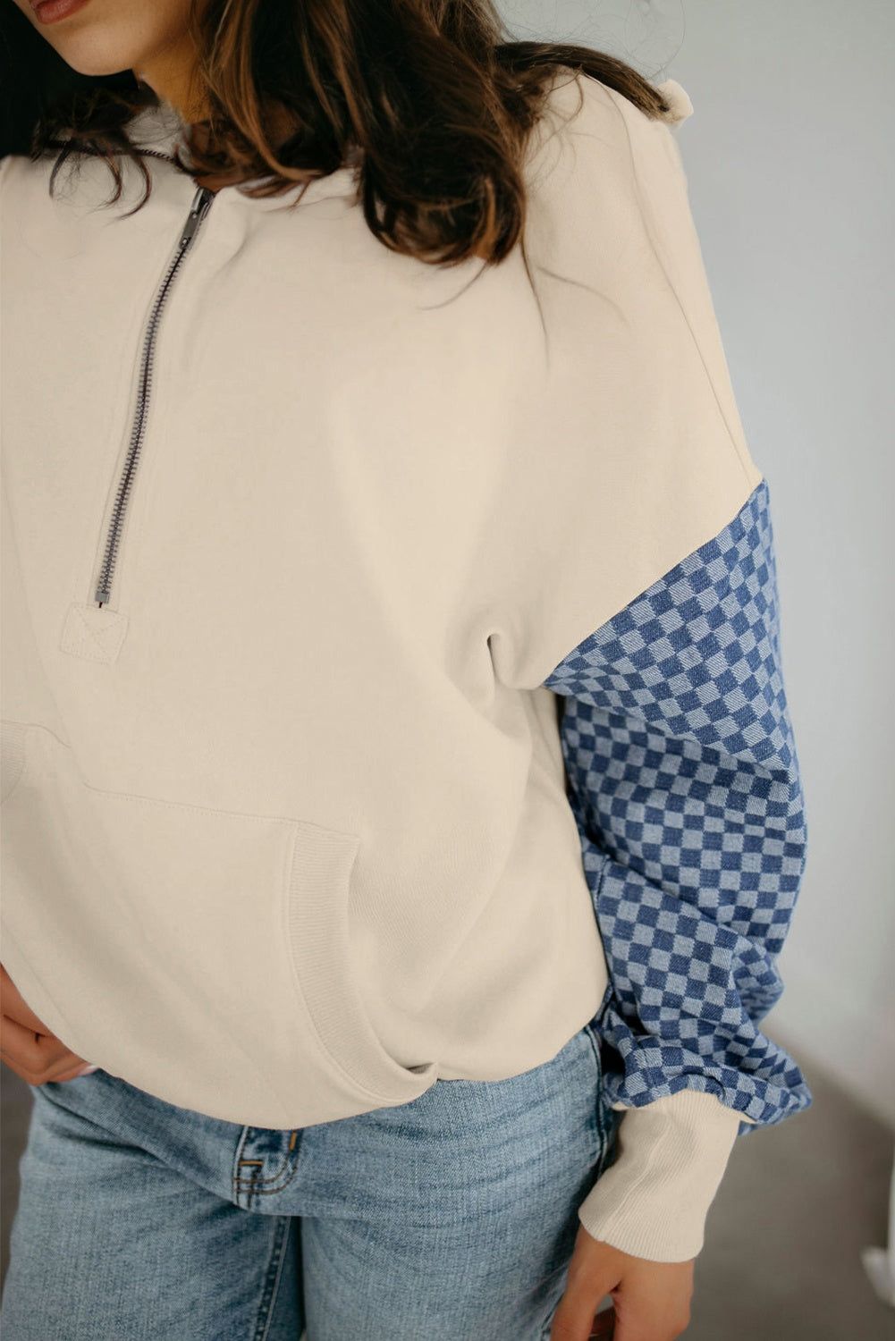 Checker Patchwork Kangaroo Pocket Half-Zip Hoodie