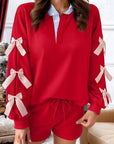Stripe Collar Patchwork Bow Sweatshirt and Shorts Set