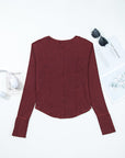 Solid Ribbed Knit Buttoned Long Sleeve Top