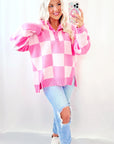 Pink Checkered Button Collared Sweater