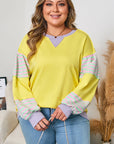 Yellow Striped Color Block Patchwork Crewneck Plus Size Pullover Sweatshirt