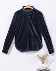 Gwynn Frilled Neck Buttoned Front Velvet Top