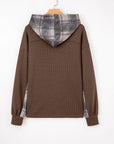 Plaid Patchwork Button-Up Drawstring Hooded Shacket