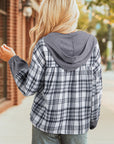 Plaid Quarter-Button Patchwork Long Sleeve Hooded Blouse