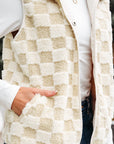 Checker Sherpa Snap Button Vest Jacket With Pockets