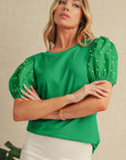 Pearl Beaded Puff Sleeve Ribbed Top