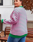 Pink Stripe Waffle Knit Crew Neck Plus Size Sweatshirt