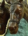 Art Deco 70 LBS Two Horses Head Bust Bronze Sculpture Marble Base Figurine