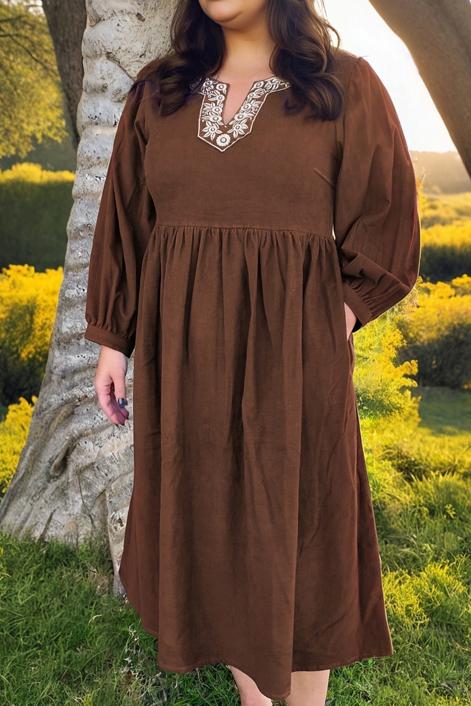 Plus Size Textured Corduroy Embroidered Neckline Midi Dress