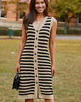 Stripe Button-Front Sleeveless Pencil Sweater Midi Dress