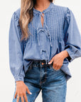 Denim Pleated Bow Tie Top