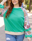 Sky Blue Plus Size Plaid Floral Patchwork Raglan Sleeve Sweatshirt