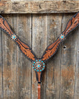 Two Tone Leaf Floral Turquoise One Ear & Breastcollar Tack Set 