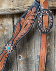 Two Tone Leaf Floral Turquoise One Ear & Breastcollar Tack Set 