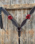 Dark Oil Buckstitch -Red Rose Browband Headstall & Breastcollar Tack Set 