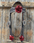 Dark Oil Buckstitch -Red Rose Browband Headstall & Breastcollar Tack Set 