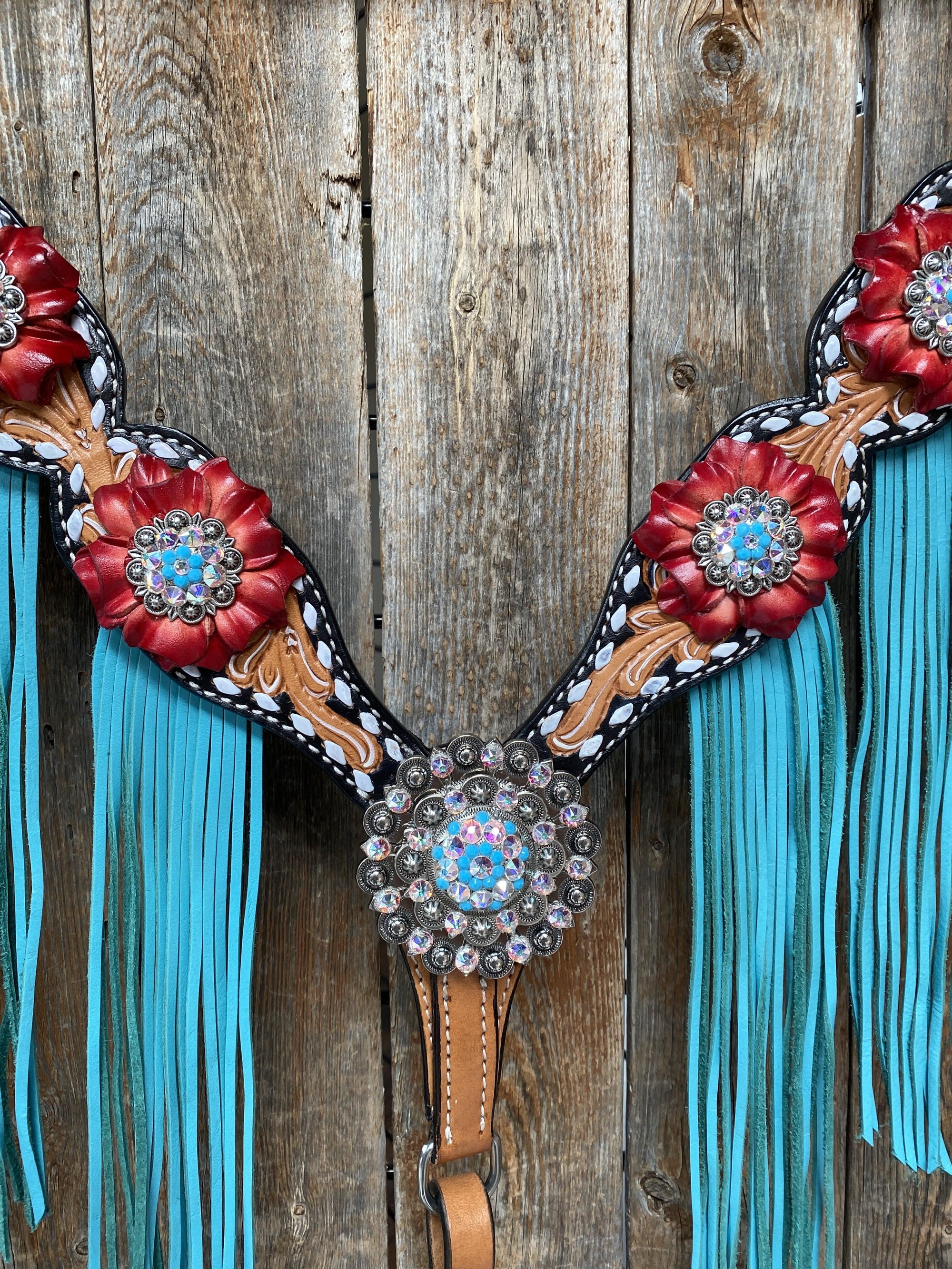 Buckstitch One Ear Headstall &amp; Breastcollar Set -Red Flowers 