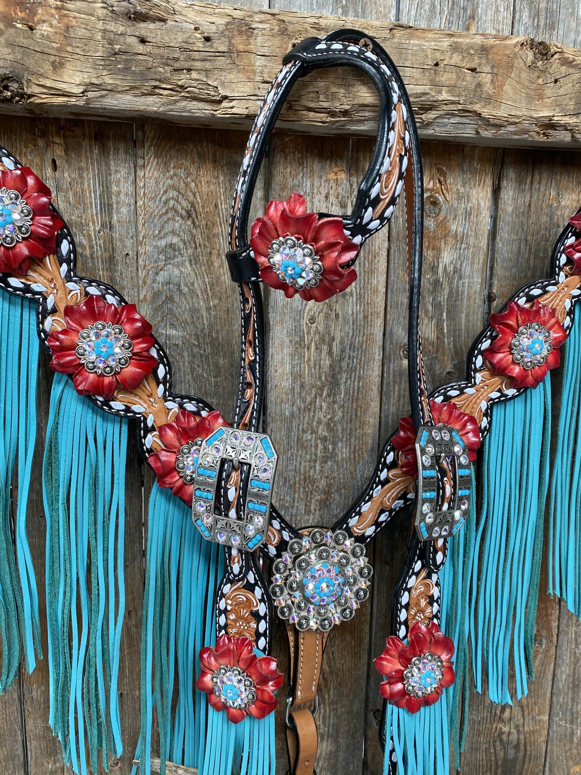 Buckstitch One Ear Headstall &amp; Breastcollar Set -Red Flowers 