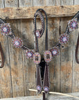 Dark Oil Buckstitch One Ear Headstall & Breastcollar - Pink 