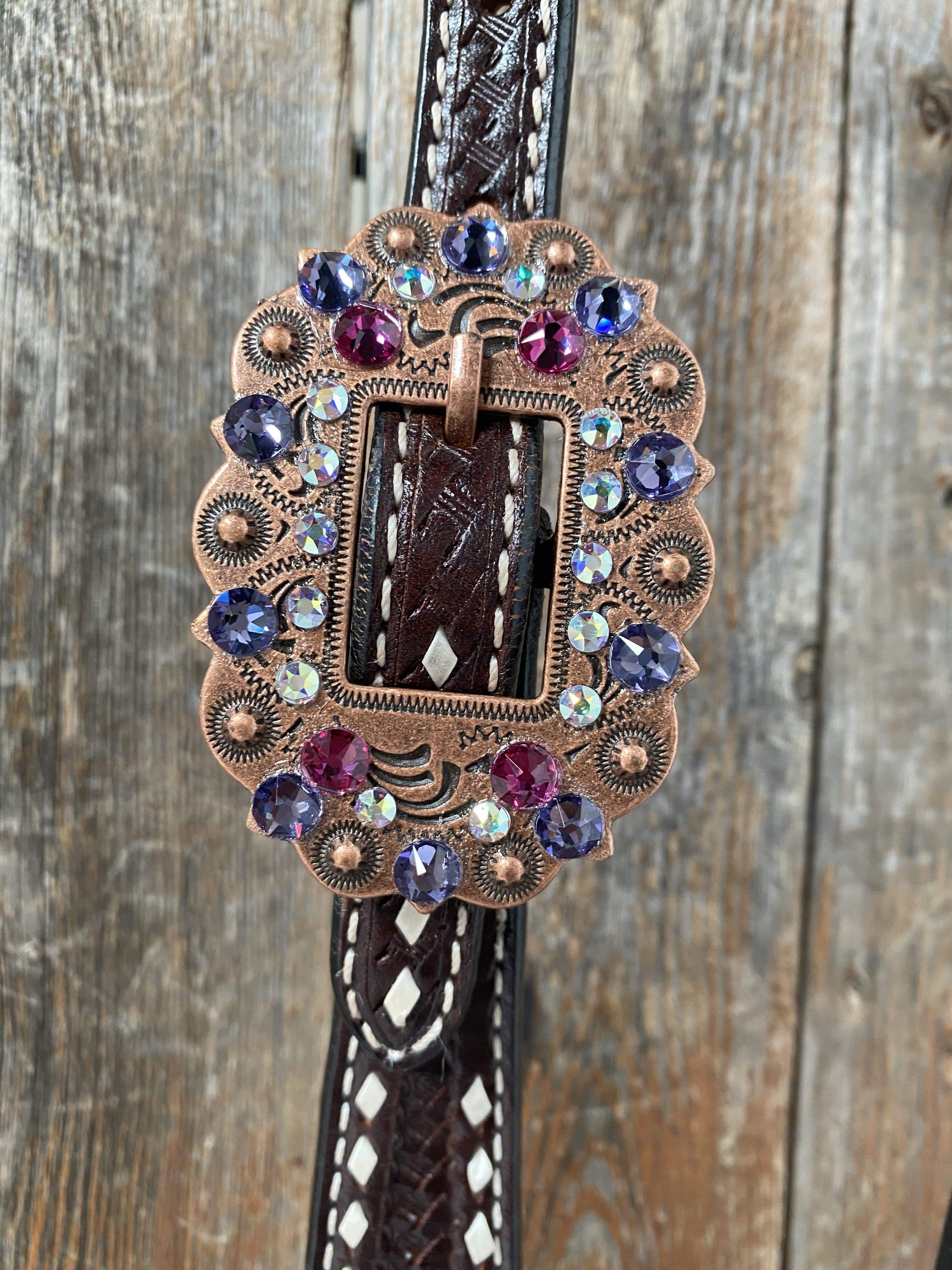 Dark Oil Buckstitch One Ear Headstall &amp; Breastcollar - Pink 