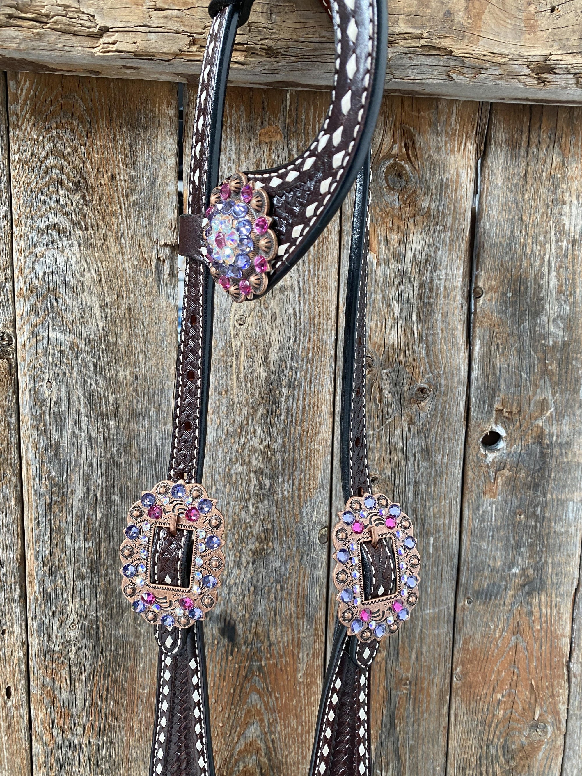 Dark Oil Buckstitch One Ear Headstall &amp; Breastcollar - Pink 