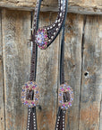 Dark Oil Buckstitch One Ear Headstall & Breastcollar - Pink 