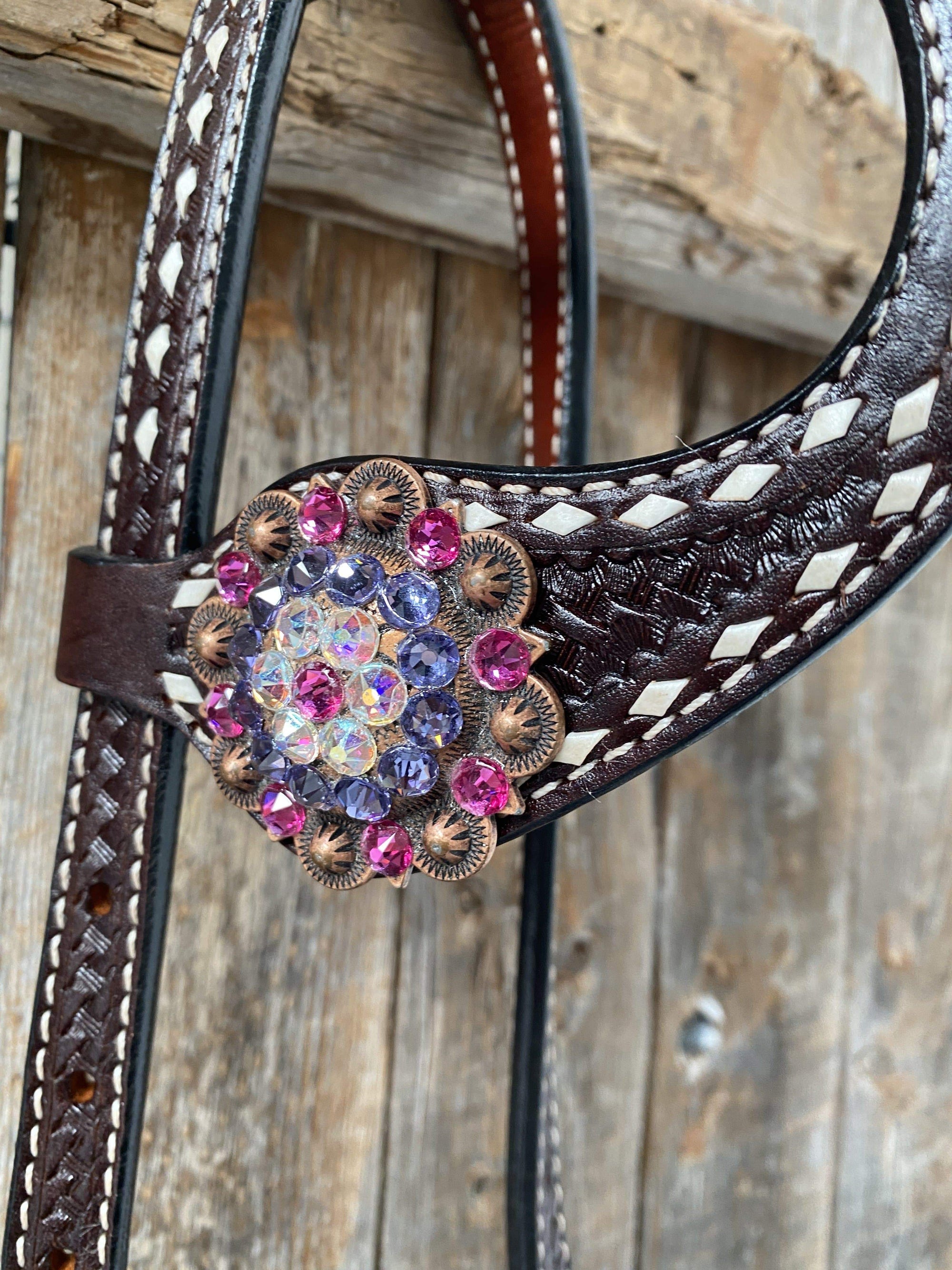Dark Oil Buckstitch One Ear Headstall &amp; Breastcollar - Pink 