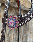 Dark Oil Buckstitch One Ear Headstall & Breastcollar - Pink 
