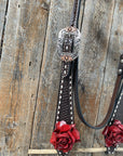 Dark Oil Buckstitch -Red Rose Browband Headstall & Breastcollar Tack Set 