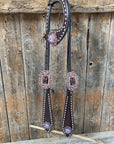 Dark Oil Buckstitch One Ear Headstall & Breastcollar - Pink 