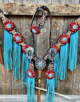Buckstitch One Ear Headstall & Breastcollar Set -Red Flowers 