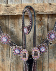 Dark Oil Buckstitch One Ear Headstall & Breastcollar - Pink 
